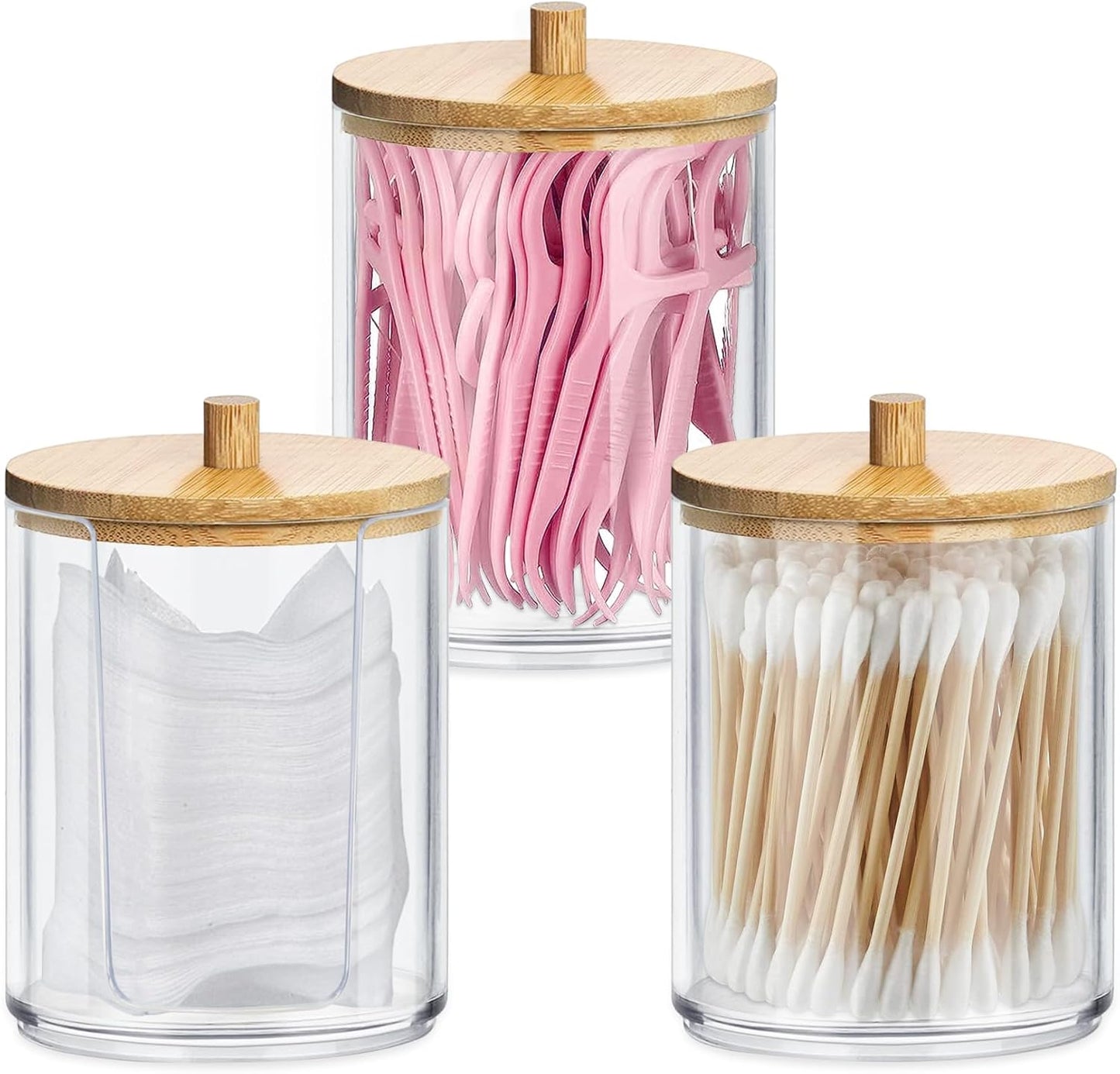 Gigmeta 3 Stück Acryl Wattestäbchen Behälter, Wattepads Aufbewahrung mit Bambus Deckeln, Wattestäbchen Halter, Wattestäbchen Behälter, Wattepadspender für Wohnzimmer, Schlafzimmer, Badezimmer