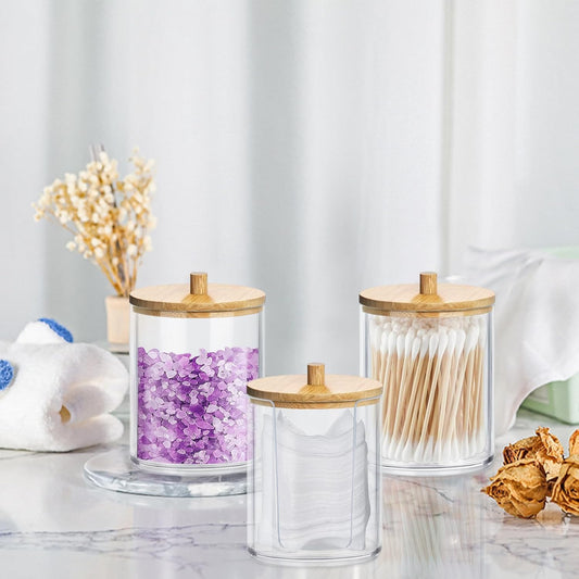 Gigmeta 3 Stück Acryl Wattestäbchen Behälter, Wattepads Aufbewahrung mit Bambus Deckeln, Wattestäbchen Halter, Wattestäbchen Behälter, Wattepadspender für Wohnzimmer, Schlafzimmer, Badezimmer